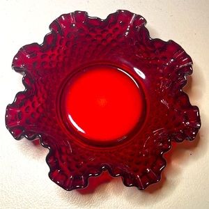 Vintage Fenton Art Glass Ruby Red Hobnail Double Crimped Ruffle Bowl Candy ID-15